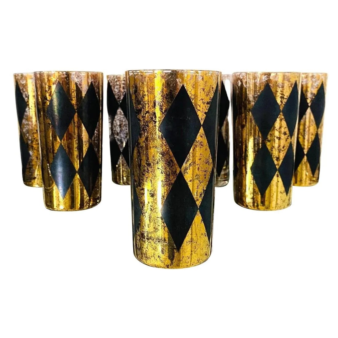 1960s Vintage Harlequin Barware Glasses in Black and Gold Leaf - Set of 8 - 13