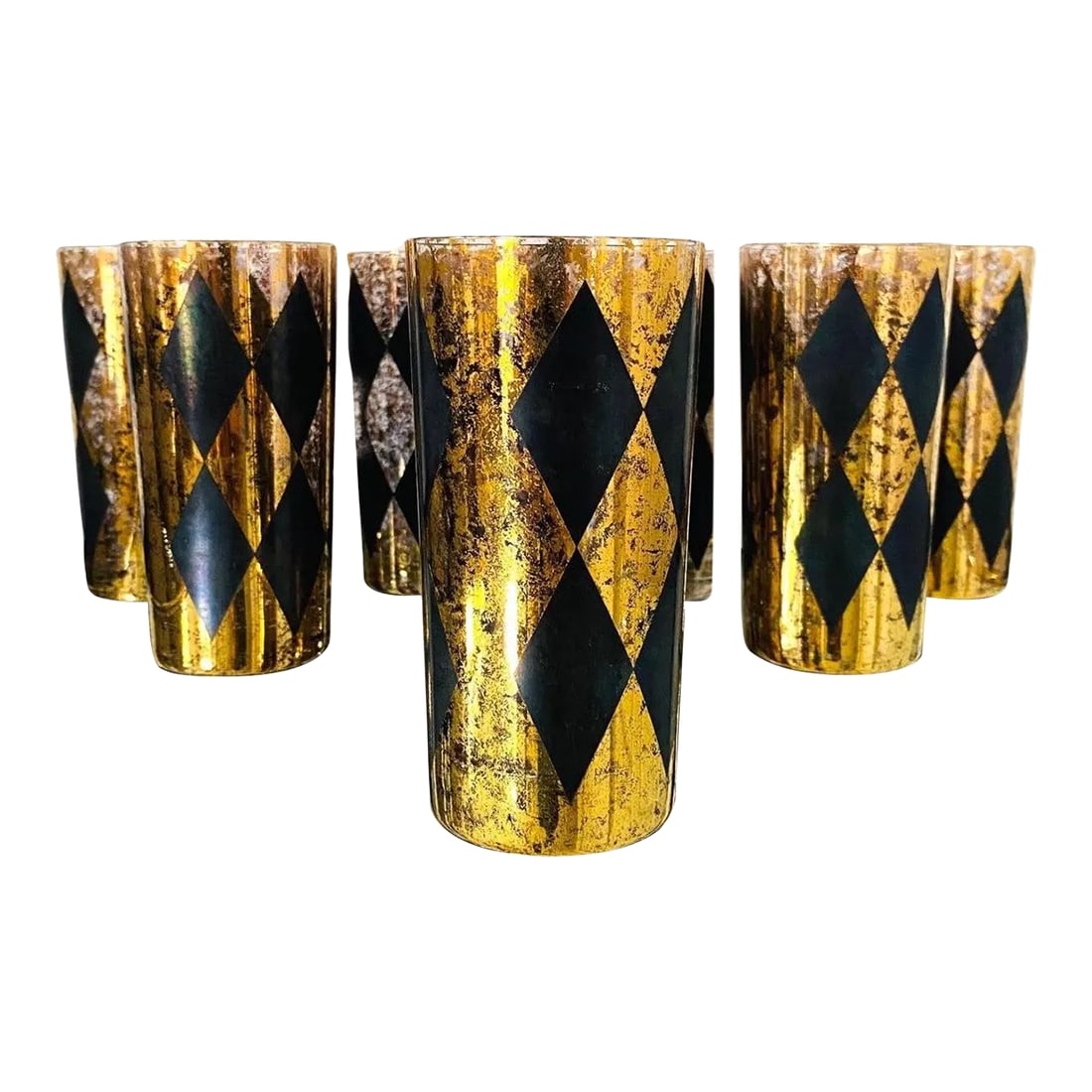 1960s Vintage Harlequin Barware Glasses in Black and Gold Leaf - Set of 8: Mid-Century Modern highball or Tom Collins glasses with Harlequin design. Cocktail set includes eight handblown glasses with tapered forms featuring black diamond patterns over clear glass with
