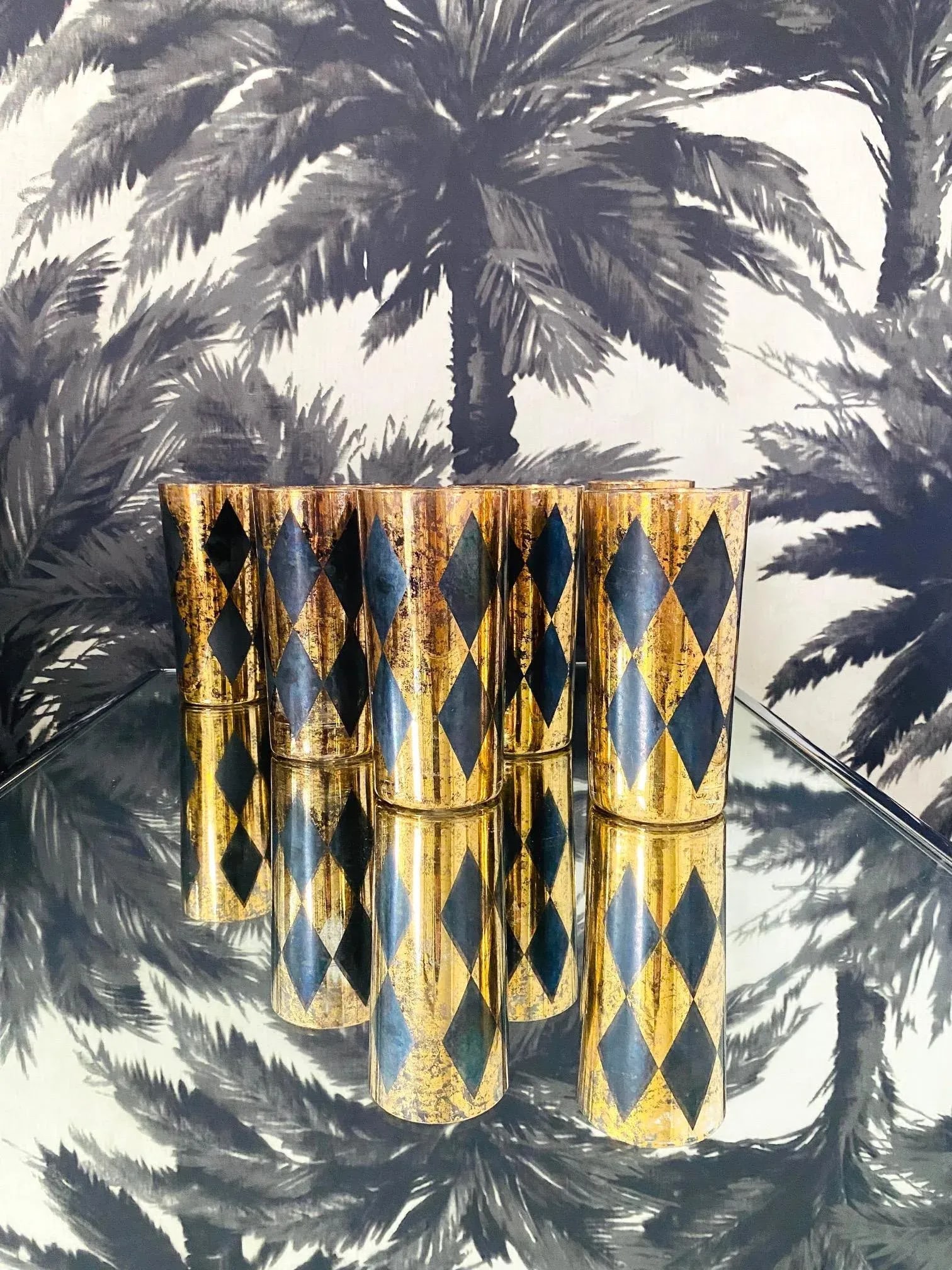 1960s Vintage Harlequin Barware Glasses in Black and Gold Leaf - Set of 8 - 5