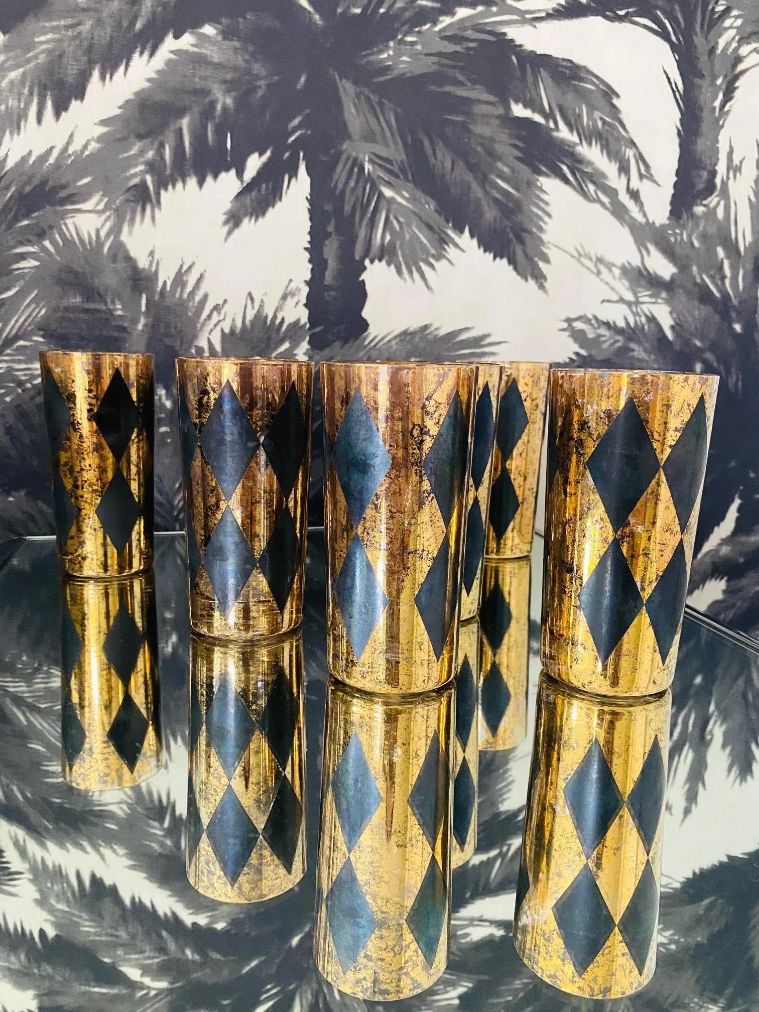 1960s Vintage Harlequin Barware Glasses in Black and Gold Leaf - Set of 8 - 6