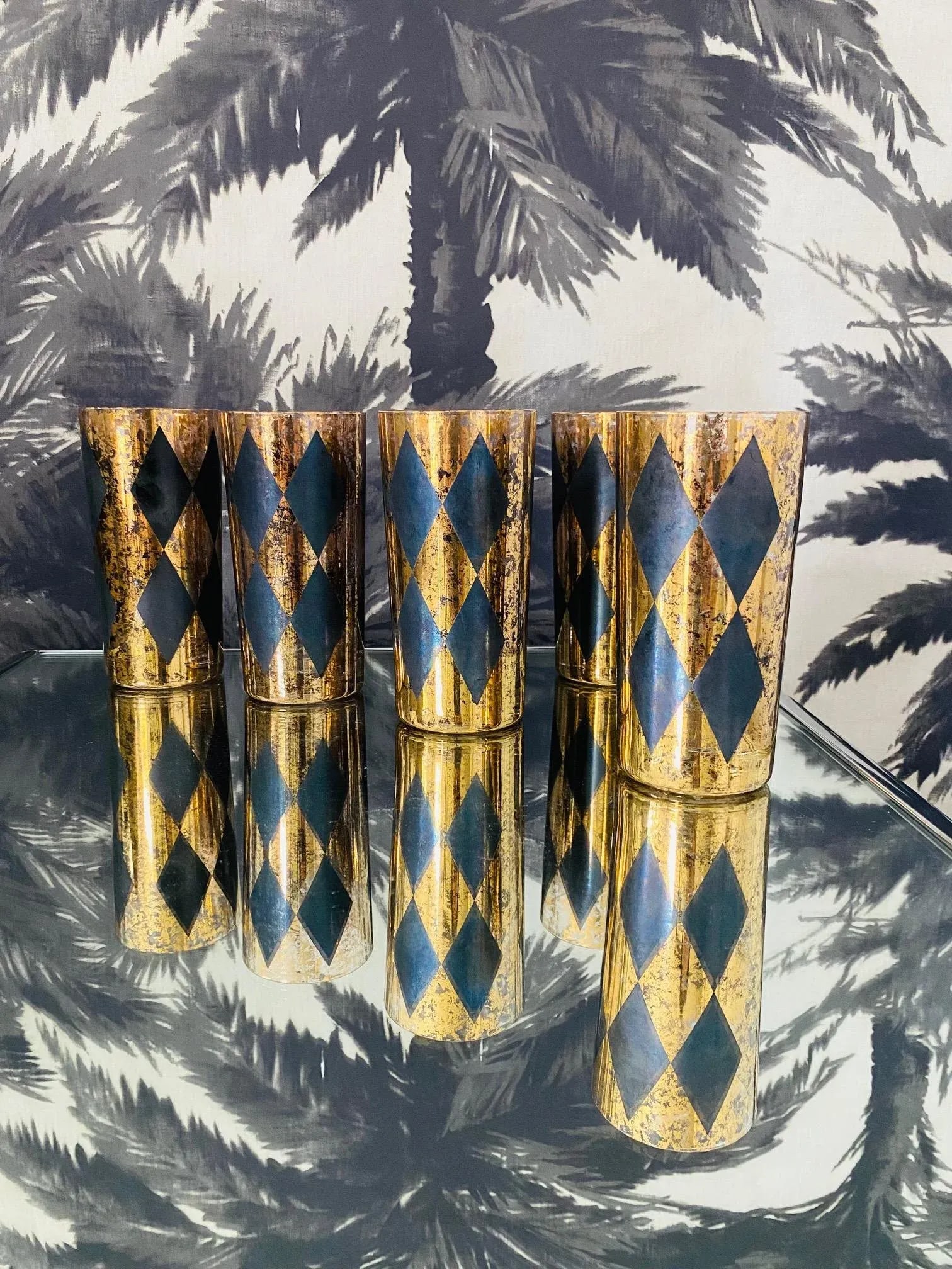 1960s Vintage Harlequin Barware Glasses in Black and Gold Leaf - Set of 8 - 7