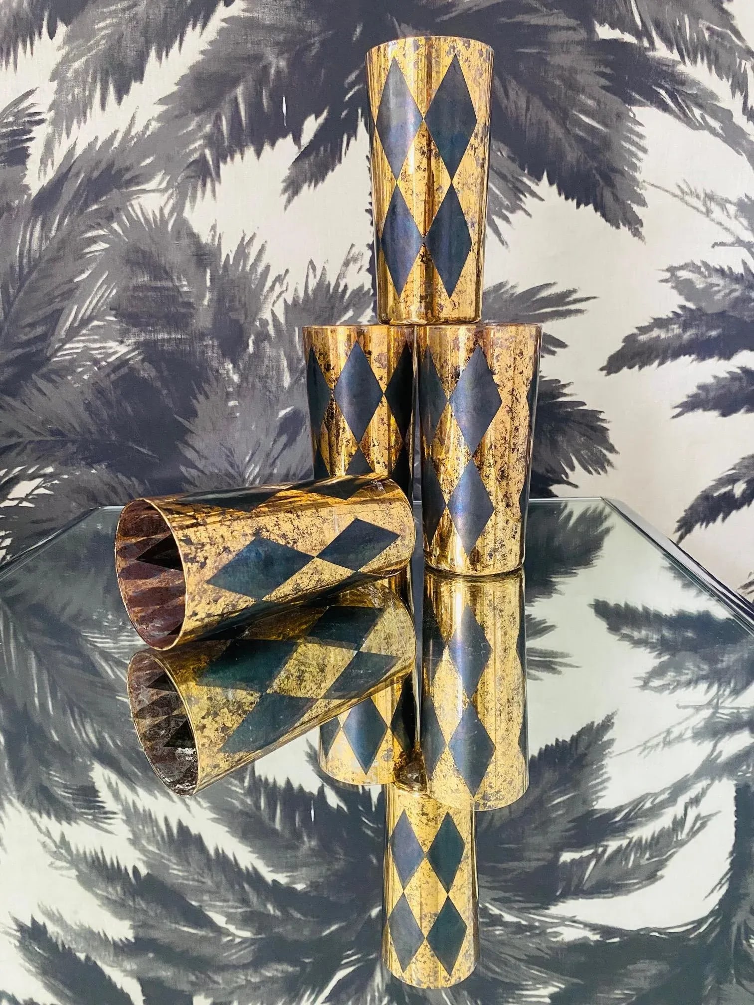 1960s Vintage Harlequin Barware Glasses in Black and Gold Leaf - Set of 8 - 8