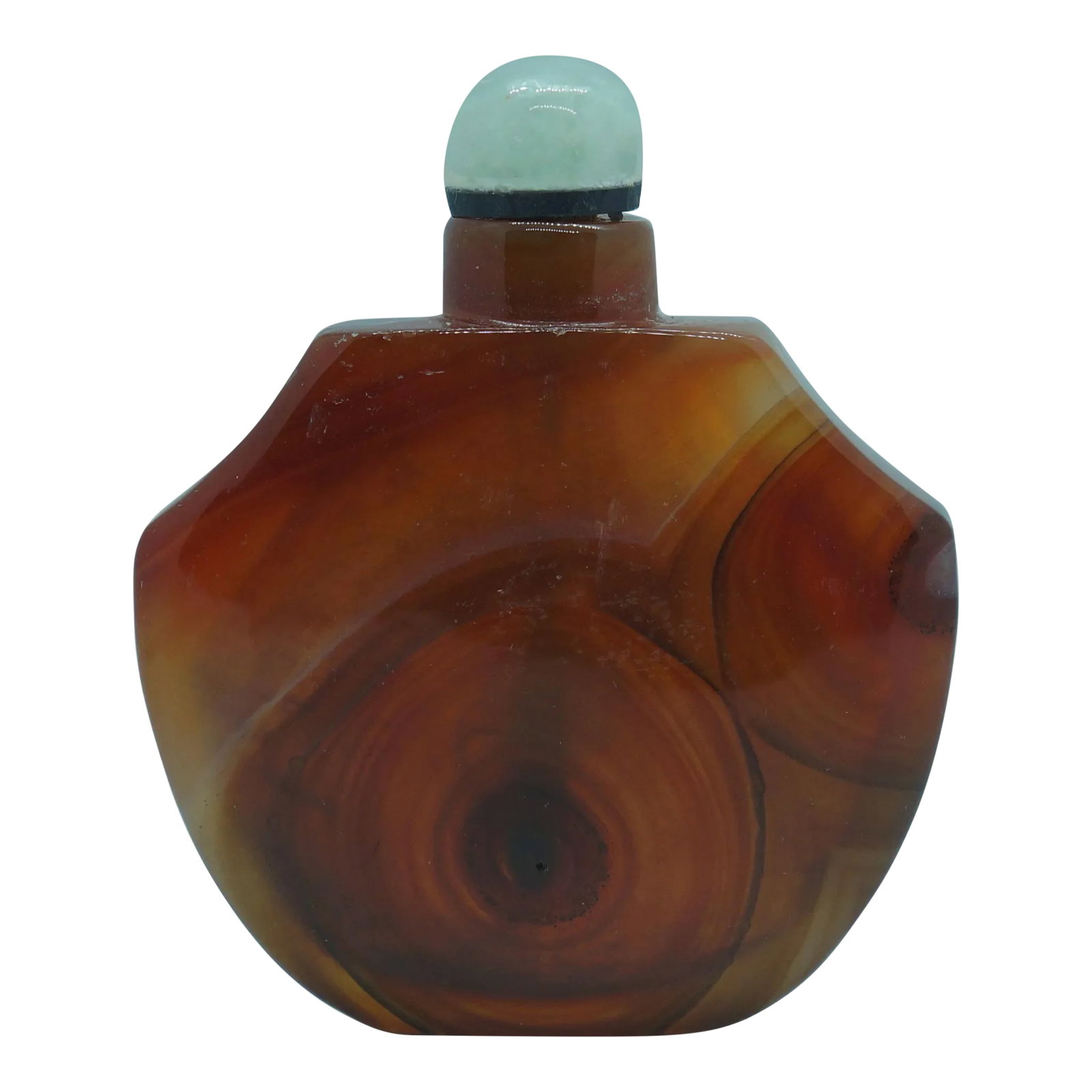 Vintage 1920s Banded Agate Snuff Bottle With Eyes: This interesting flattened six sided polygon shaped banded agate snuff bottle is surprisingly light and fits snugly inside the palm. As with older bottles, the top and the flat foot are concave. The