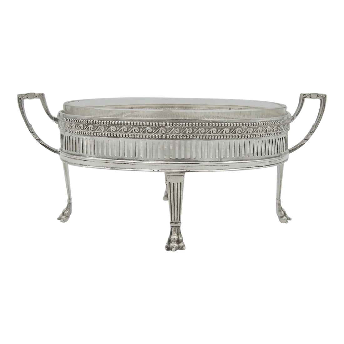 Antique Silver Footed Sweetmeat Dish by Hugo Bohm of Germany: An antique footed sweetmeat dish in 800 silver with a clear insert of heavy glass by Hugo Bohm & Co. of Schwabisch Gmund, Germany, founded in 1887. The solid silver dish dates circa 1900 and was craft