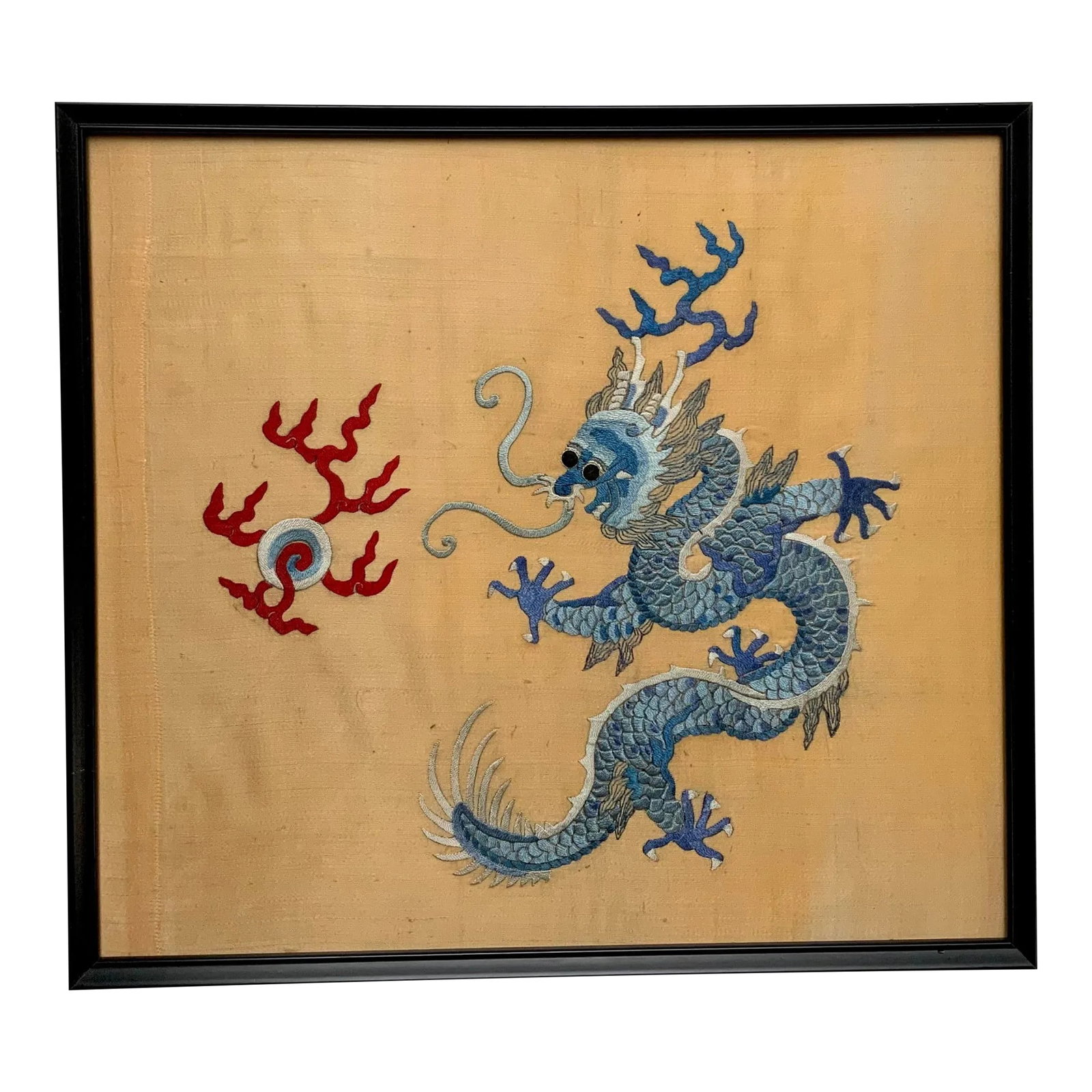 Antique Chinese Framed Embroidery of a Dragon: Silk tread on gold silk hand embroidered fierce blue five claws imperial dragon with a pearl in flames . . Good vintage condition Condition: Alterations: Original Condition Unaltered Imperfections: