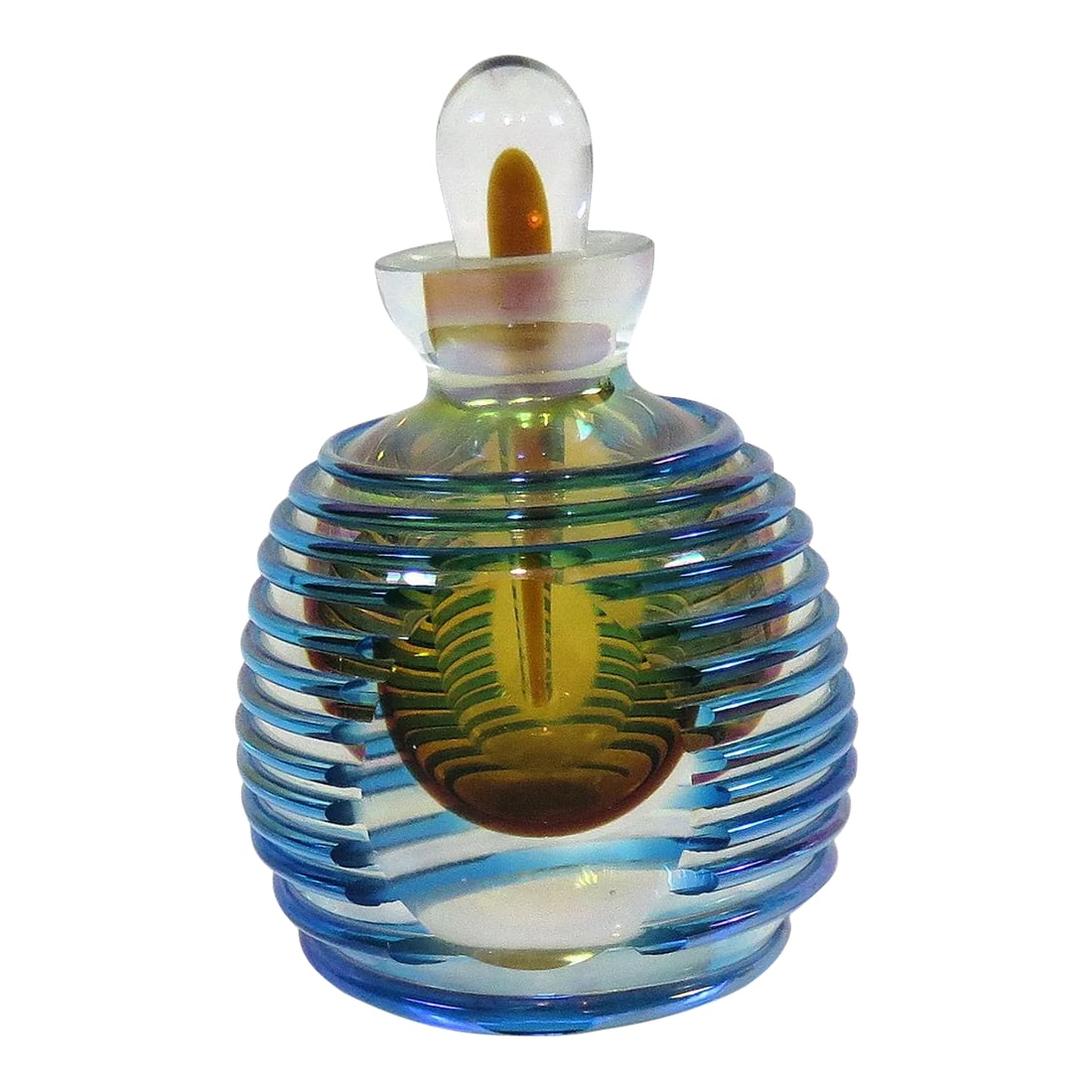 Art Deco "Saguso" Murano Perfume Bottle: Art Deco style Mid Century Murano Art Glass perfume bottle with the original glass stopper has been designed by Italian Murano glass designer, "Sommerso."Blue lines embrace the traditional gold center