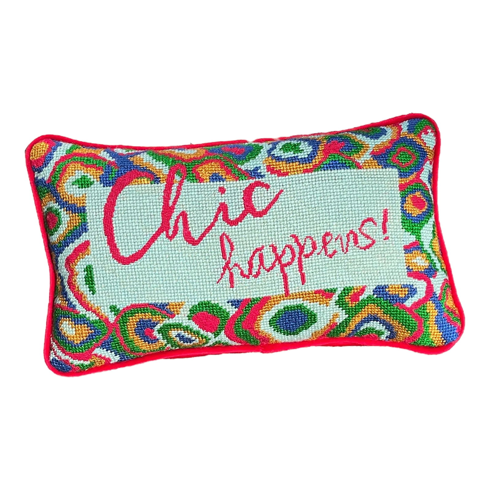Needlepoint "Chic Happens" Hand-Embroidered Pillow, Original, One of a Kind: Created exclusively for Chairish, where you know chic happens all the time! (And we are sure it happens in your home too!) original design is hand embroidered, stream of consciousness in merino wool