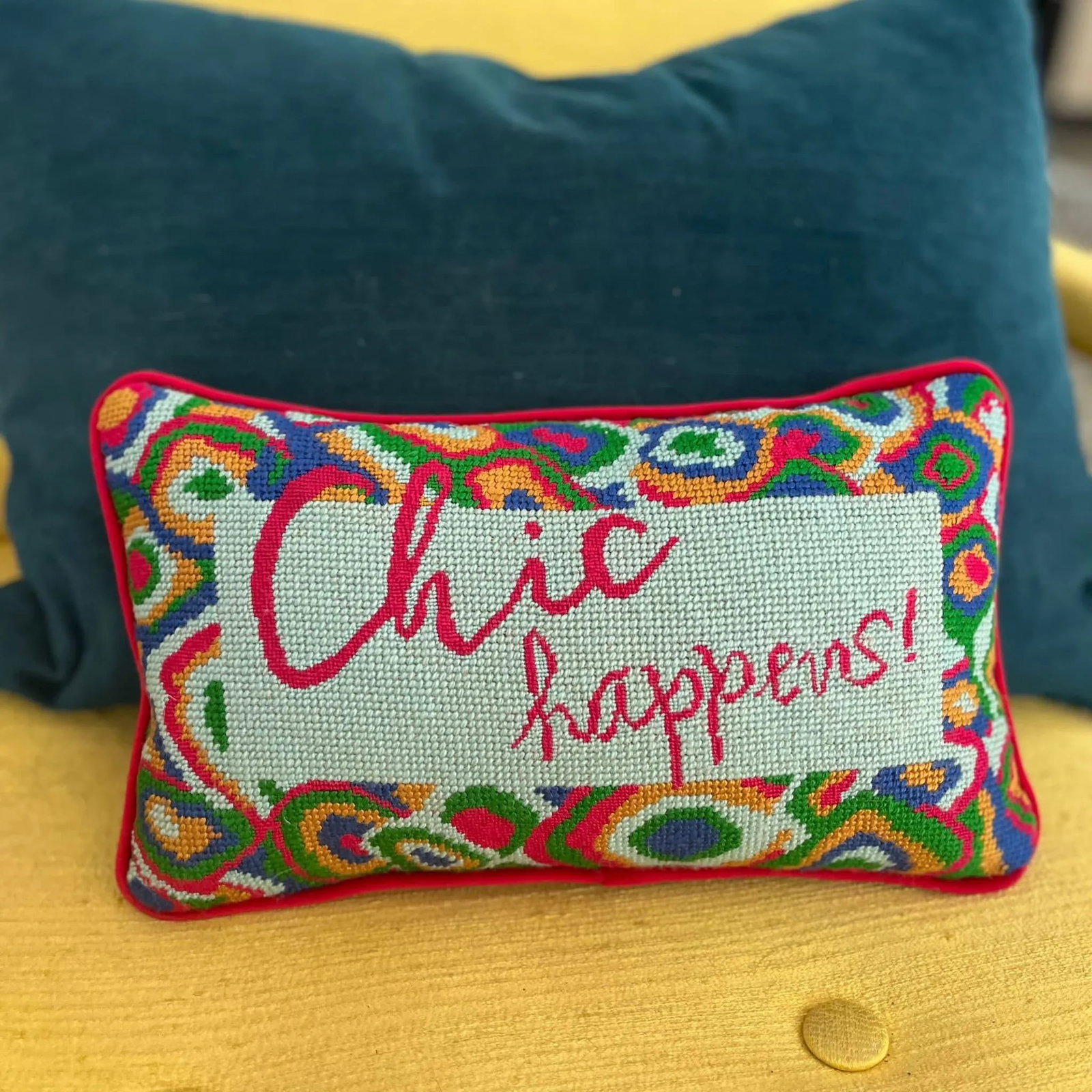 Needlepoint "Chic Happens" Hand-Embroidered Pillow, Original, One of a Kind - 3