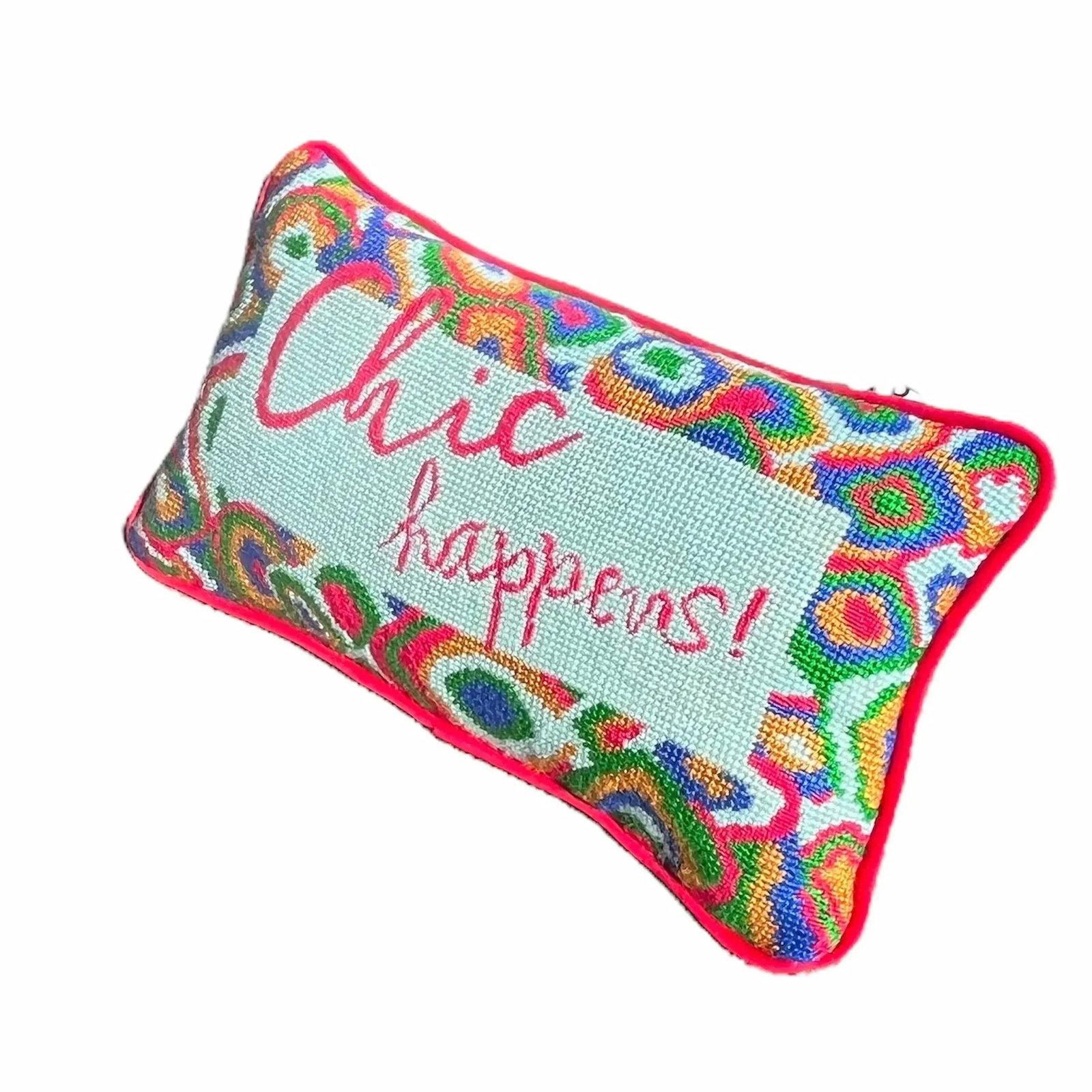 Needlepoint "Chic Happens" Hand-Embroidered Pillow, Original, One of a Kind - 5