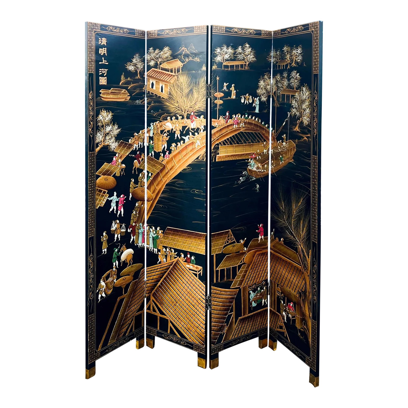 1980s Chinoiserie Black Lacquer & Gilt Screen Att. To Decorative Crafts - 4 Panel Wall Art: This is a late 20th century chinoiserie screen attributed to Decorative Crafts. It has four panels that would make it versatile to work from floor to wall. The pastoral scenes are a vibrant gilt and p