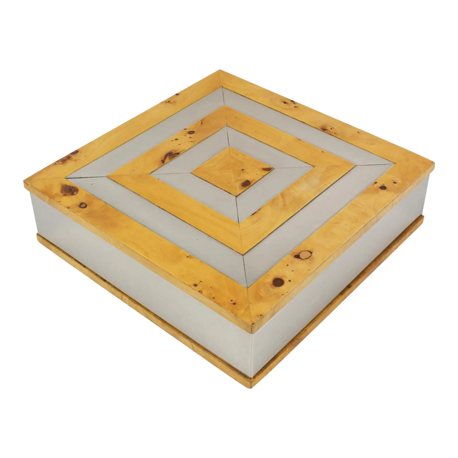 Tommaso Barbi Italy Chrome and Burl Wood Large-Scale Box: Great looking original decorative box designed by Tommaso Barbi, Italy. Modernist design with a square shape and chromed metal and burl birch wood geometric marquetry on the lid. The inside is in