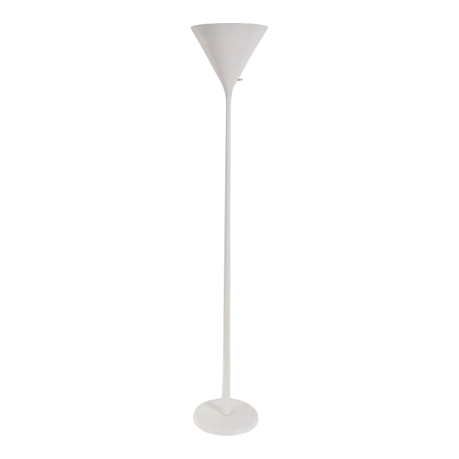 Walter Von Nessen Torchiere Floor Lamp: Vintage 'trumpet' torchiere lamp in off-white by Walter von Nessen. Manufacturer stamp under base.The lamp does have a very small ding in the top of the hood.The lamp is in working order with 3