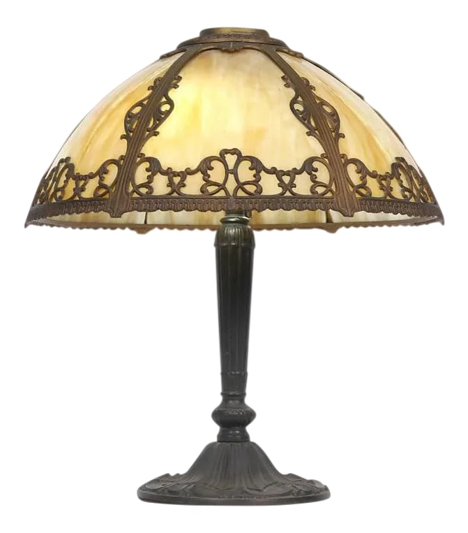 Pittsburgh 6 Bent Panel Slag Glass Leaded Table Lamp: WELCOME AND THANK YOU FOR TAKING THE TIME TO LOOK!!! Absolutely gorgeous, Stunning beautiful early 20th-century Pittsburgh-style table lamp with a six-panel bent slag-glass shade in softly marbled cre