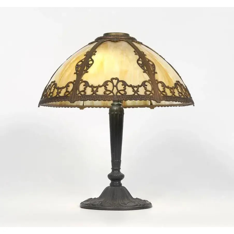 Pittsburgh 6 Bent Panel Slag Glass Leaded Table Lamp - 4