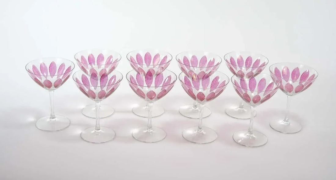 Hand Painted Crystal Champagne Coupe Service / Ten People - 2