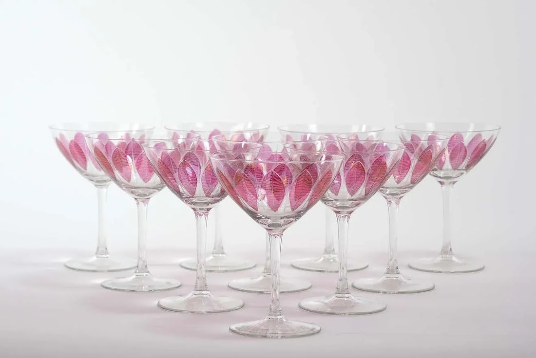 Hand Painted Crystal Champagne Coupe Service / Ten People - 3