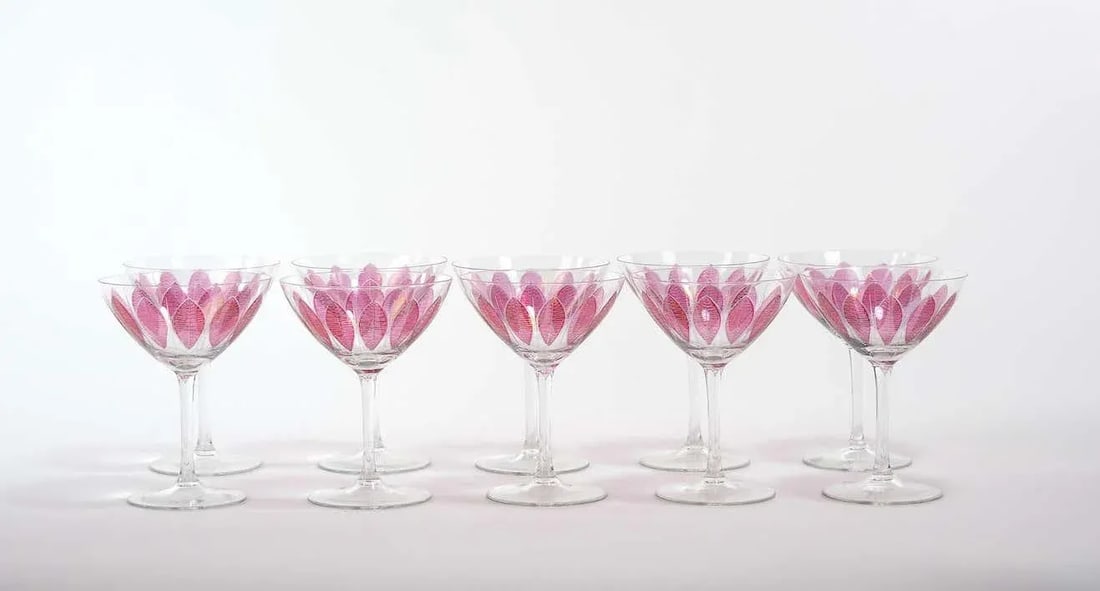 Hand Painted Crystal Champagne Coupe Service / Ten People - 4