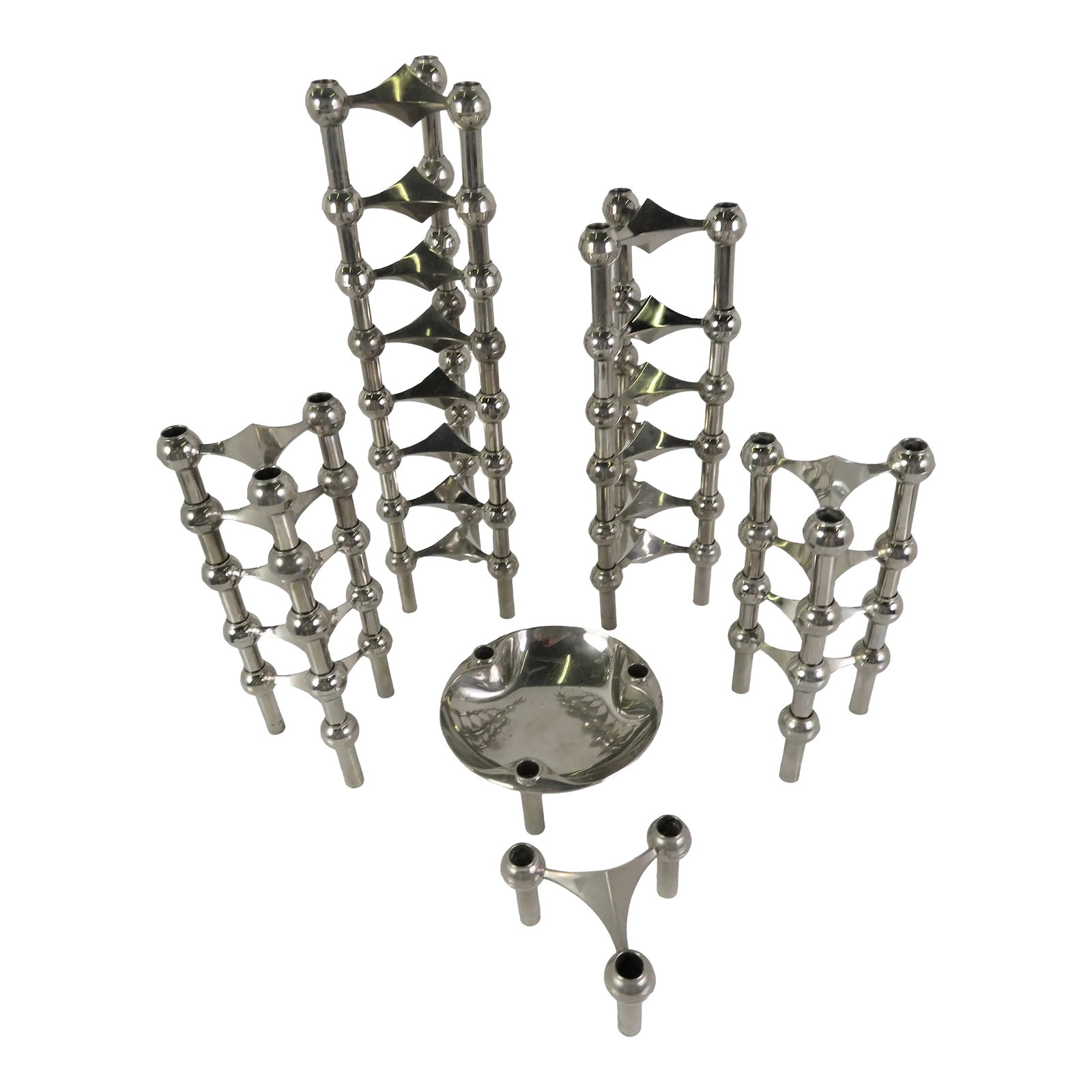 German Modern Nagel Variante Series 24 Stainless Steel Candle Holders + 1 Ashtray/Bowl by Werner Sto: A set of 24 S-22 model stackable 3-legged chrome modular candleholders plus an S-44 Ashtray/Bowl by German Hans Nagel (1926-1978) and Werner Stoff (1940-2021) from the 1960s. Made in Germany, the spec