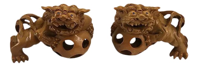 Vintage Japanese Hand Carved Guardian Foo Dogs - A Pair (1 of 8)