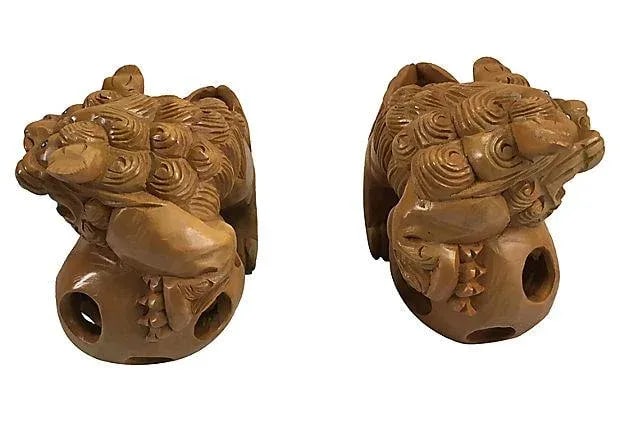 Vintage Japanese Hand Carved Guardian Foo Dogs - A Pair - 2