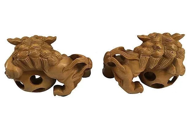 Vintage Japanese Hand Carved Guardian Foo Dogs - A Pair - 3