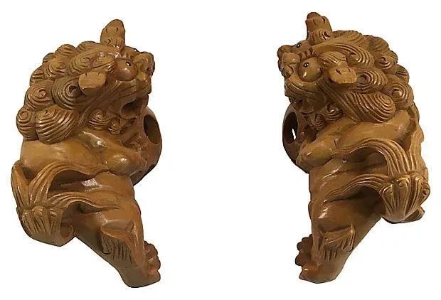 Vintage Japanese Hand Carved Guardian Foo Dogs - A Pair - 4