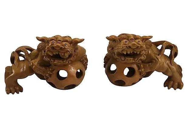 Vintage Japanese Hand Carved Guardian Foo Dogs - A Pair - 7