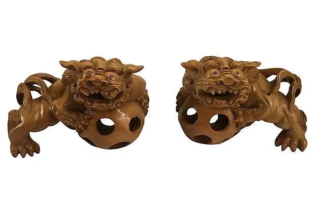 Vintage Japanese Hand Carved Guardian Foo Dogs - A Pair - 8