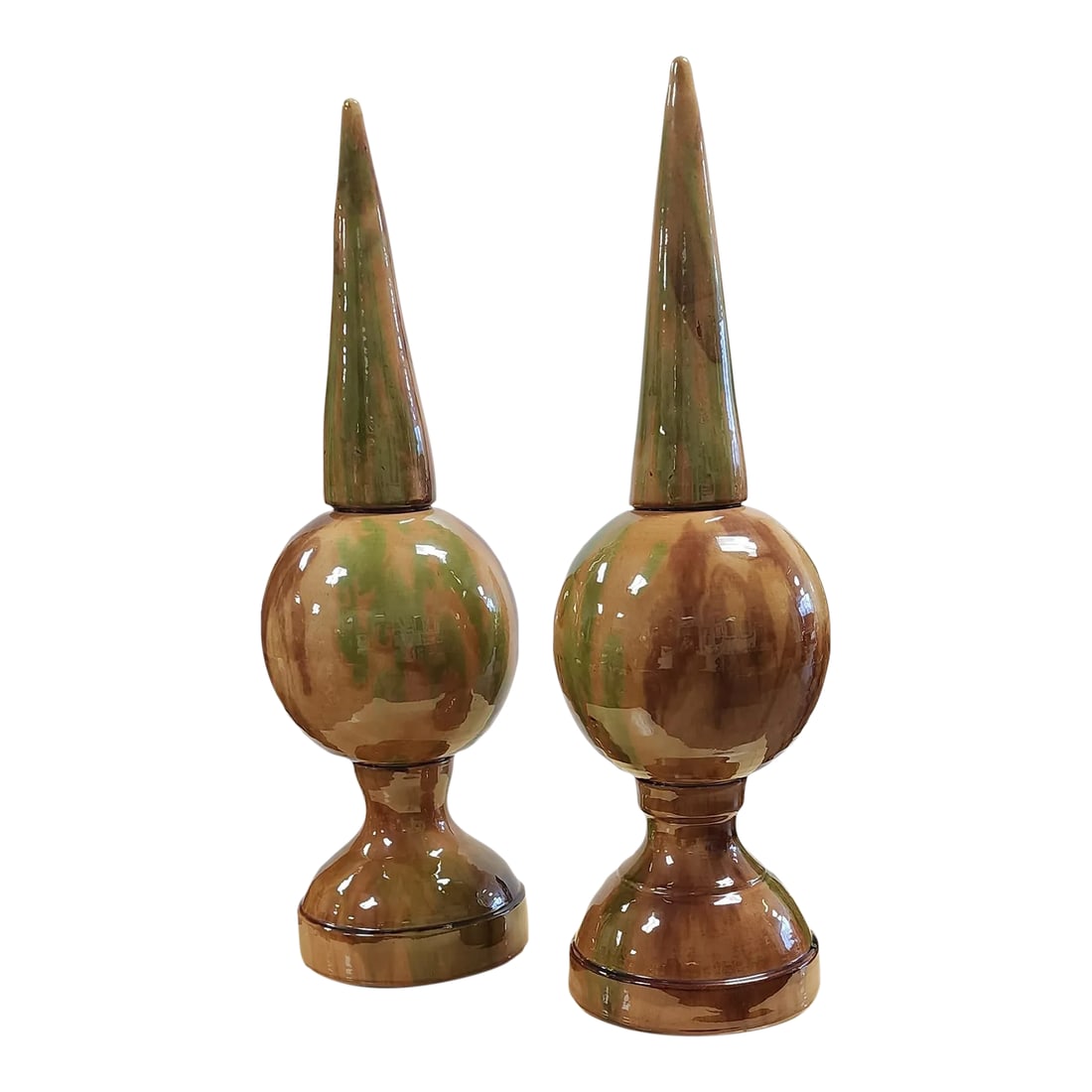 Late 20th Century Sancai Glazed Terracotta Obelisks- a Pair: Obelisks are timeless design elements that add interest to any room. Obelisk Spheres imply eternity, denoting permanence and longevity. These large decorative obelisks are impressive in scale with an