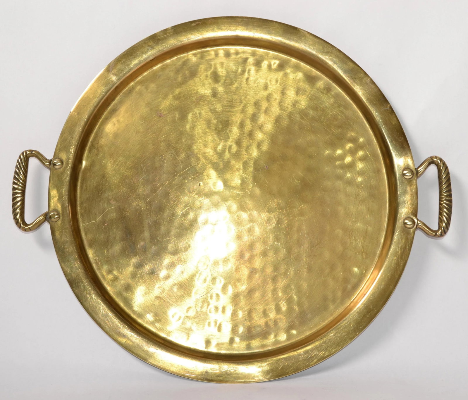Early 20th Century Arts and Crafts Round Hammered Brass Serving Tray - 12