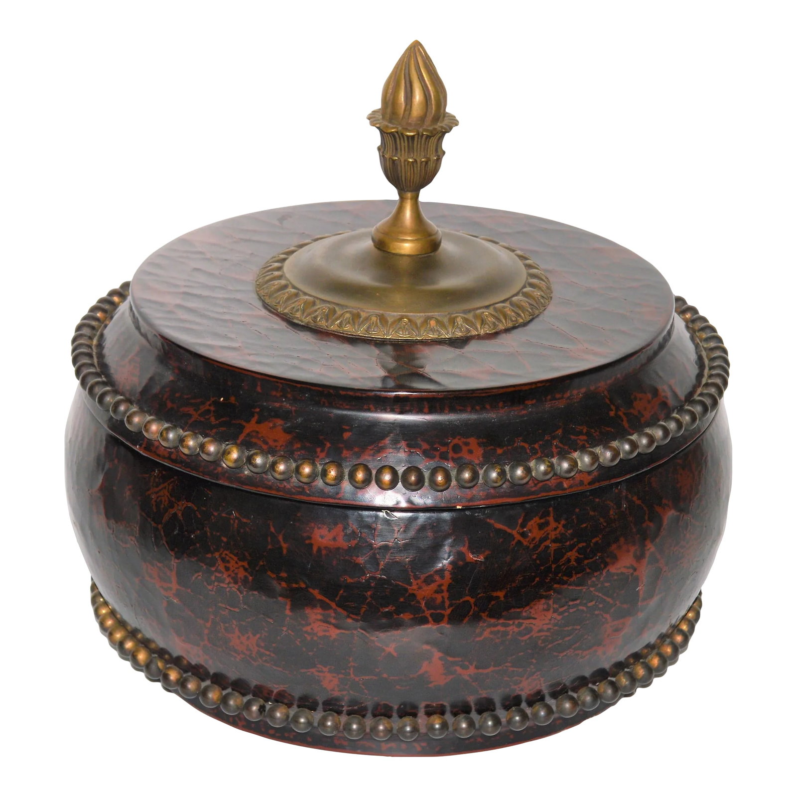Maitland Smith Large Faux Crackled Cinnabar Bronze Studded Coromandel Round Stash Box (1 of 7)