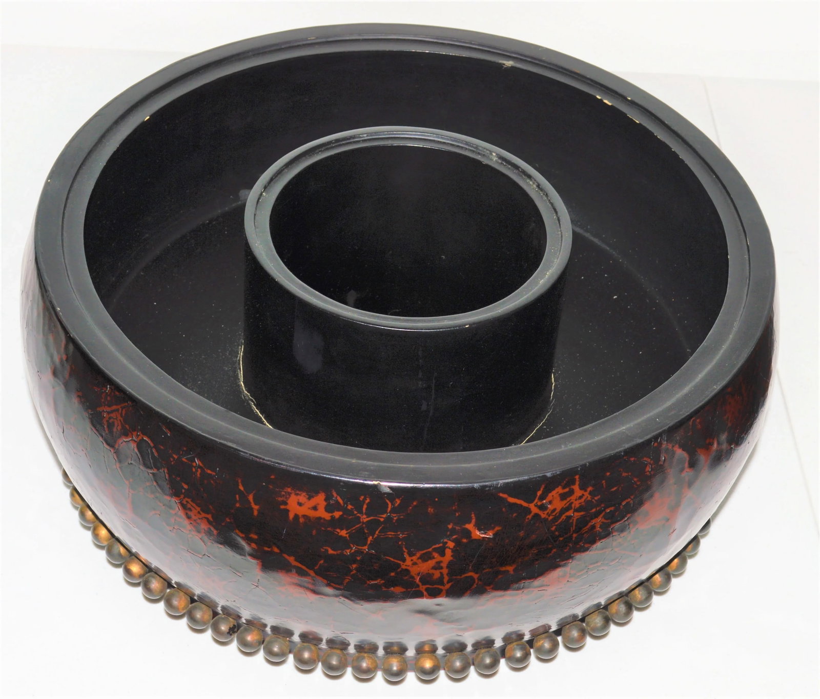 Maitland Smith Large Faux Crackled Cinnabar Bronze Studded Coromandel Round Stash Box - 2