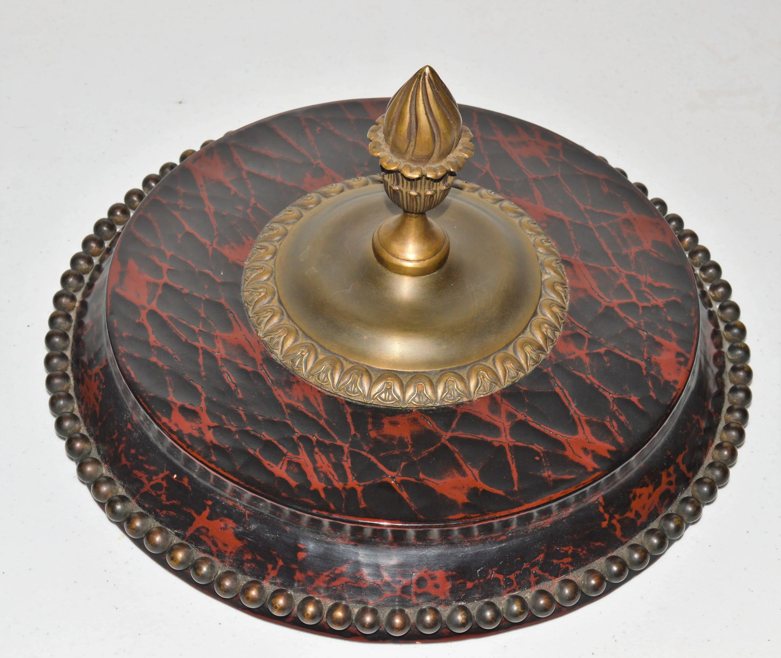 Maitland Smith Large Faux Crackled Cinnabar Bronze Studded Coromandel Round Stash Box - 3