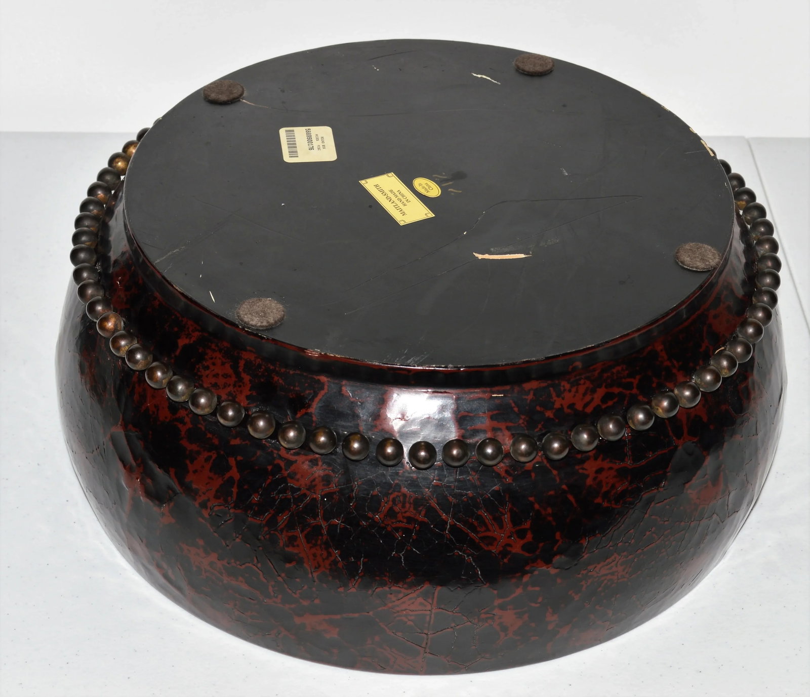 Maitland Smith Large Faux Crackled Cinnabar Bronze Studded Coromandel Round Stash Box - 4