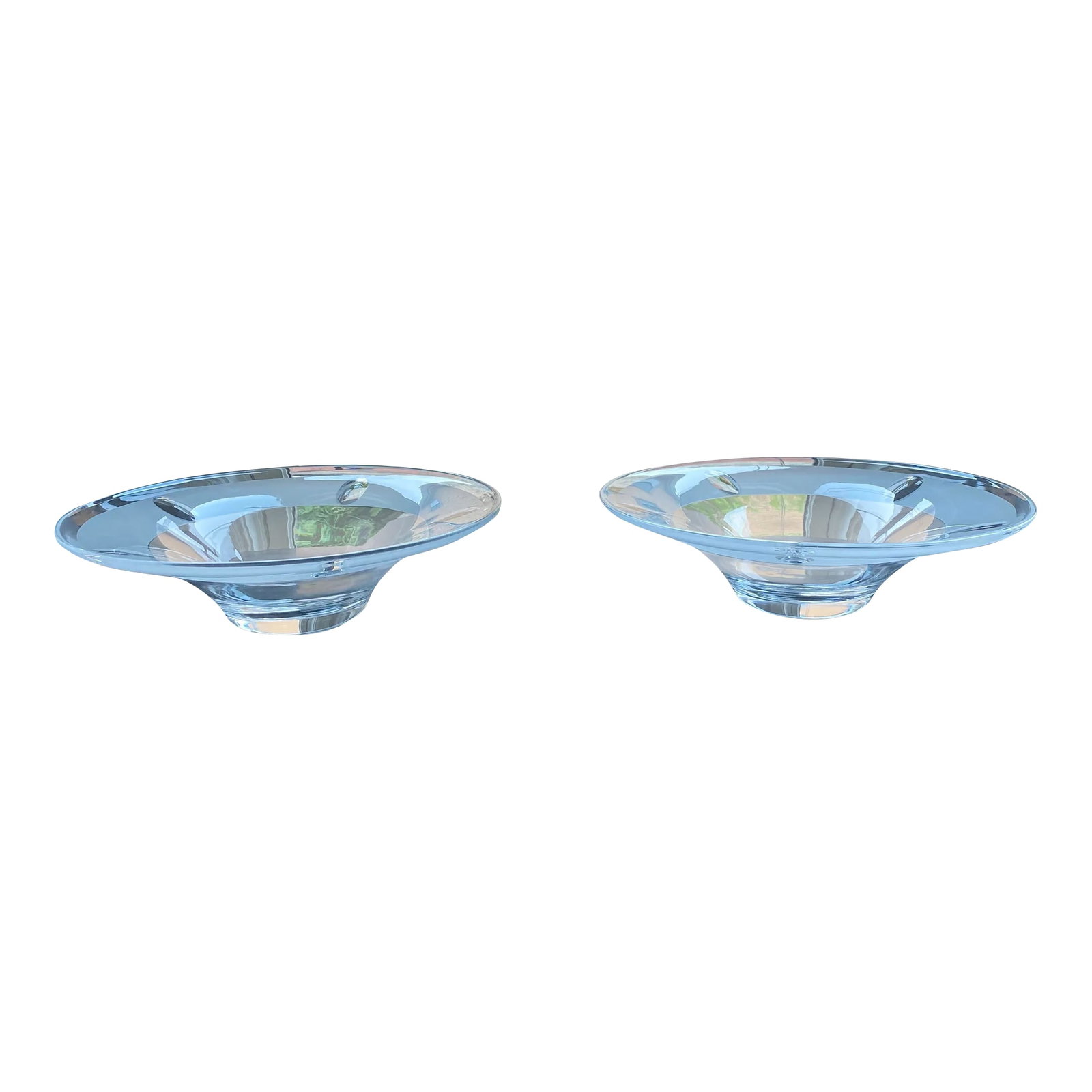 Decorative Glass Bowls (2) by Barbara Barry for Baker Furniture - Vintage Early 2000s: Barbara Barry - 2 identical round glass decorative bowls purchased from Baker Furniture. In good condition. Once of the bowls has a small mark in the frosted glass. 13.75 inches in diameter and 4