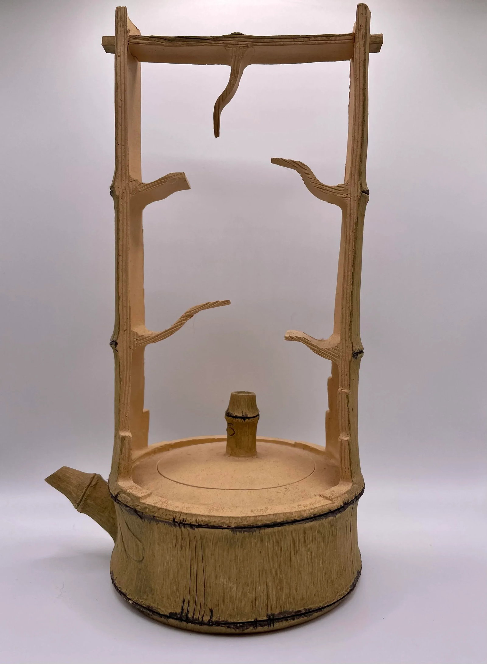 Unusual, Tall Handled Japanese Ceramic Sculptural Teapot With Faux Bamboo Motif - 4