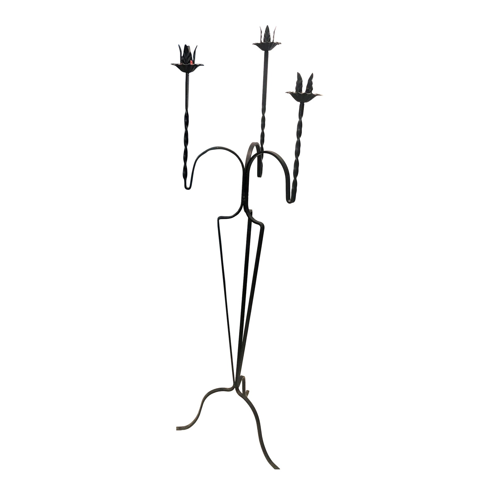 Mid 20th Century Wrought Iron Candelabra: Into the night... create the ambiance with this stately wrought iron 3 arm Candelabra ... Can you hear the laughter as conversations engage over 60 + years? Condition: Alterations: Original Condition 