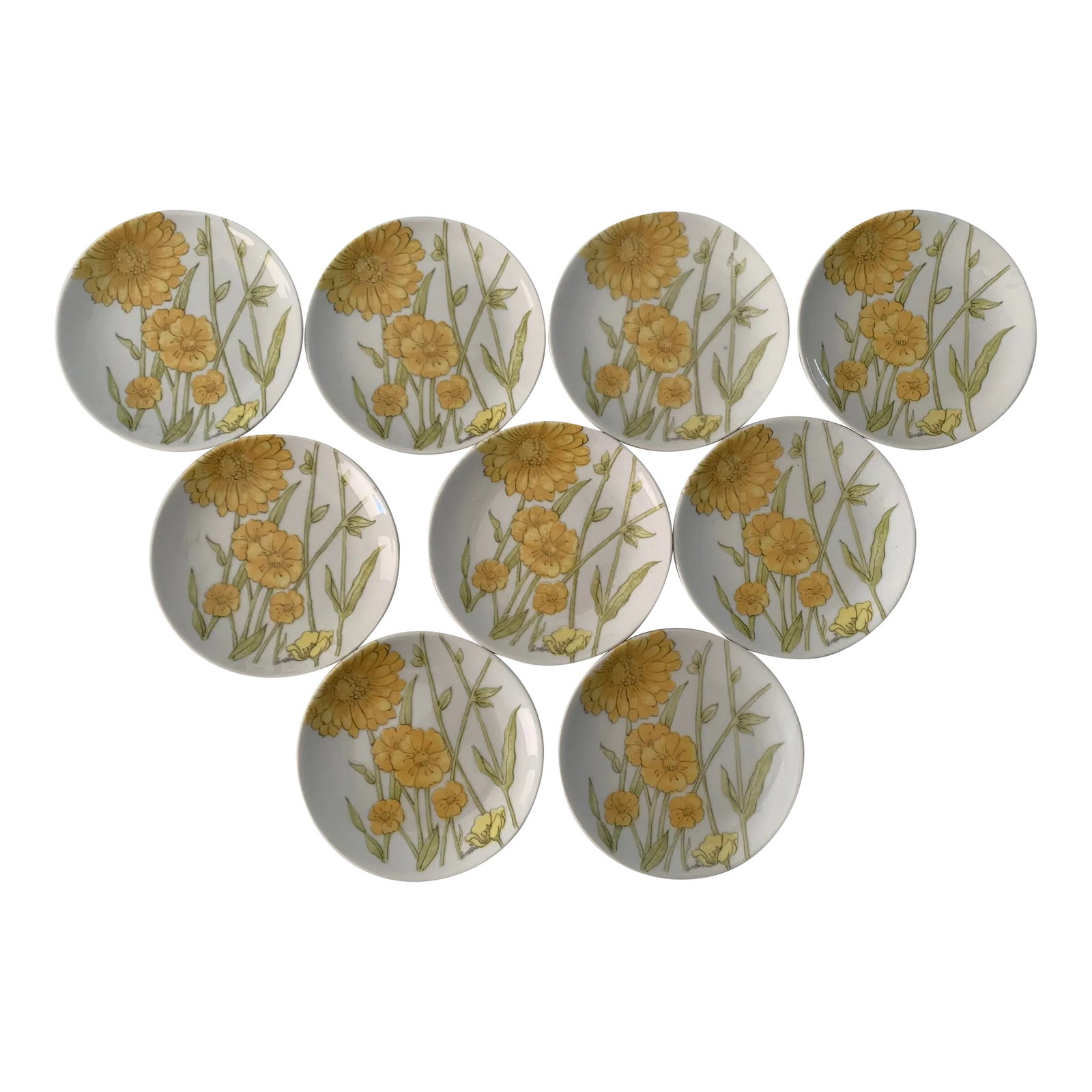 Vintage Ernestine Cannon Snack Plates, Handmade Salerno, Italy -Set of 9: Vintage, mid century, hand painted chrysanthemum and daisy ceramic snack plates, set of 9 Sunny, bright coffee set, mint condition. Ernestine Cannon (1904-1969), also known as Ernestine