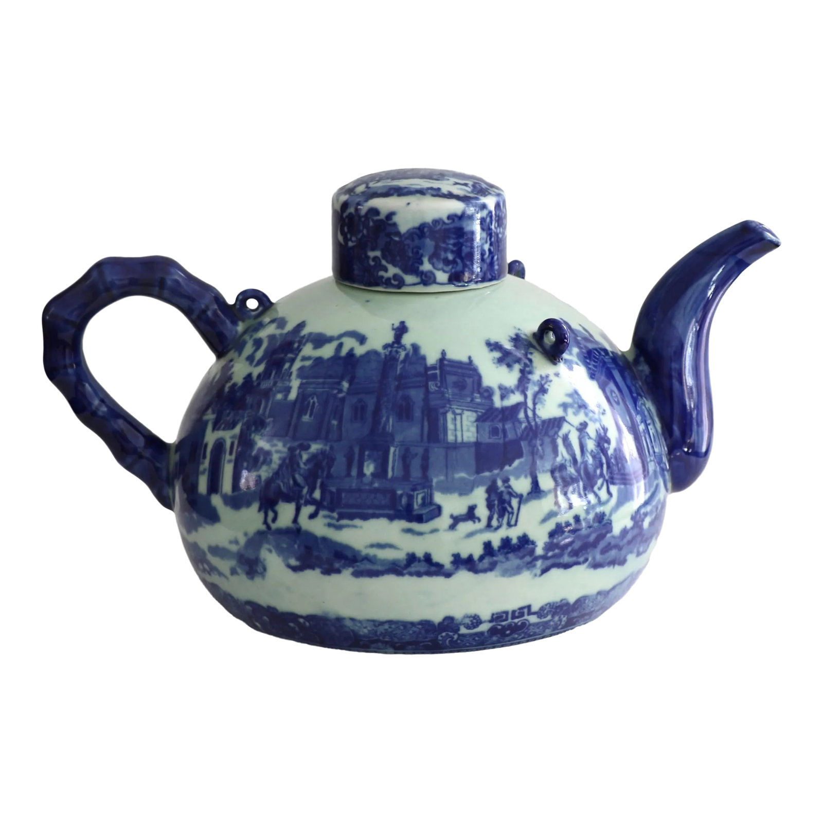Late 20th Century Blue and White Victoria Wear Teapot: Very large, blue and white Victoria Wear teapot with matching lid and bamboo style handle. Fully marked, made by Victoria Wear Ironstone. No chips, no cracks. In excellent condition. Condition: