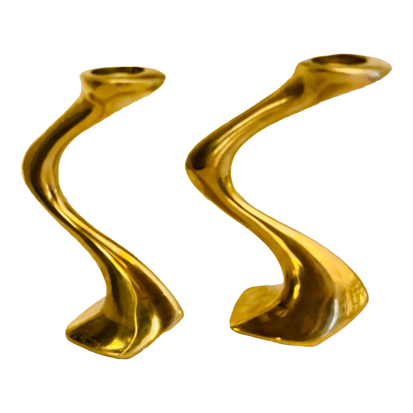 Post Modern Studio Made Brass Squiggle Candle Holders - a Pair: Gorgeous one of a kind handmade brass candleholders. So unique. The opening on top is for 1 inch candles. Signed on bottom by hard to make out signature. Bought from an estate. Condition: