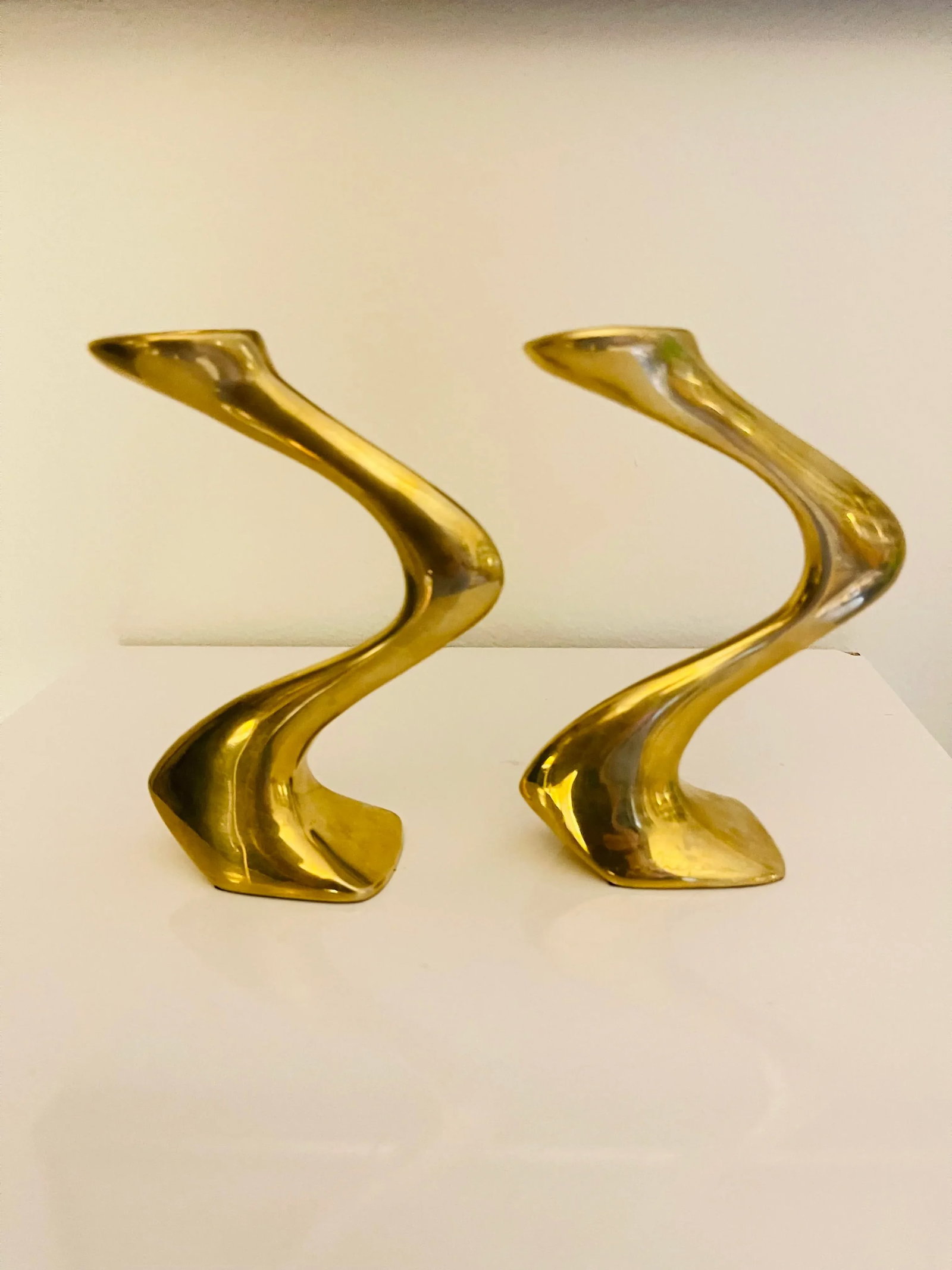 Post Modern Studio Made Brass Squiggle Candle Holders - a Pair - 2