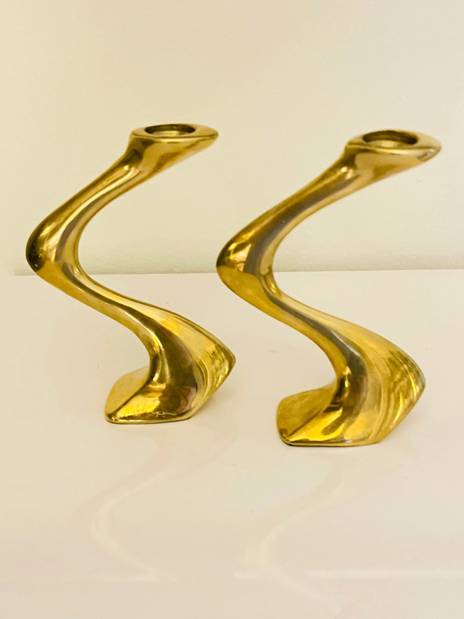 Post Modern Studio Made Brass Squiggle Candle Holders - a Pair - 3