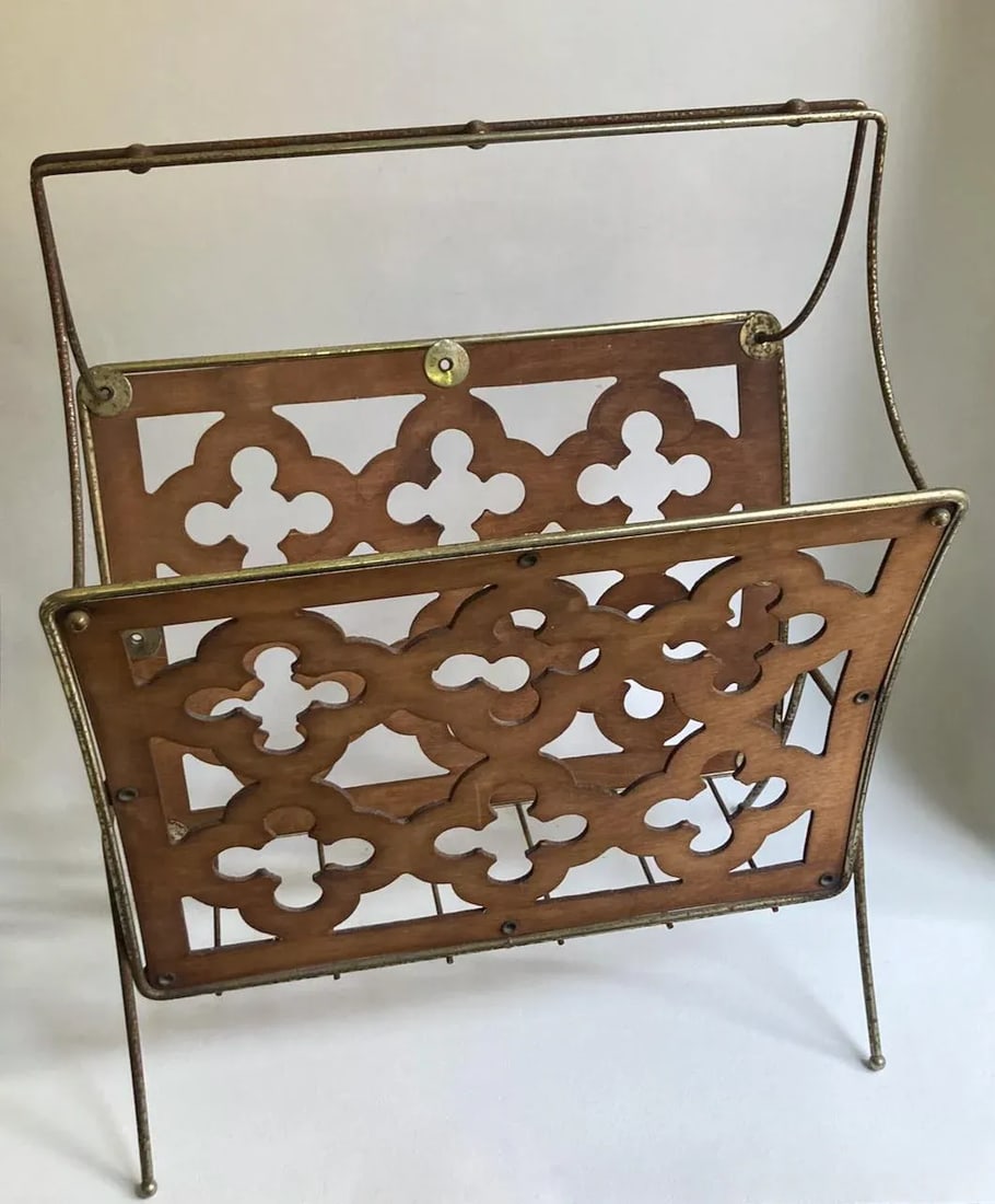 Mid Century Modern Quatrefoil Wood & Metal Magazine Rack - 12