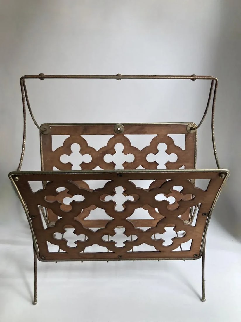 Mid Century Modern Quatrefoil Wood & Metal Magazine Rack - 13