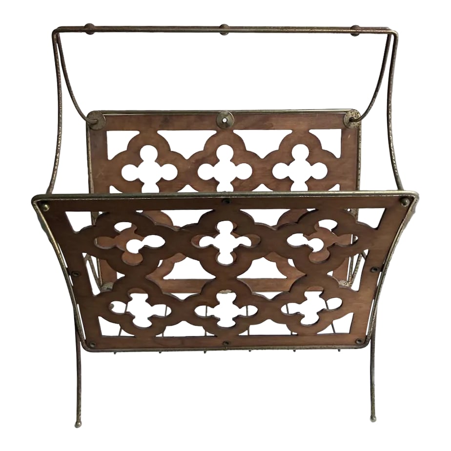Mid Century Modern Quatrefoil Wood & Metal Magazine Rack: American Mid Century Wood and Brass Magazine Newspaper Stand. Book Holder. Electronic Rack. Towel Holder. Firewood Holder. Document Holder. Album Holder. Organizer. Featuring a flared Brass plated