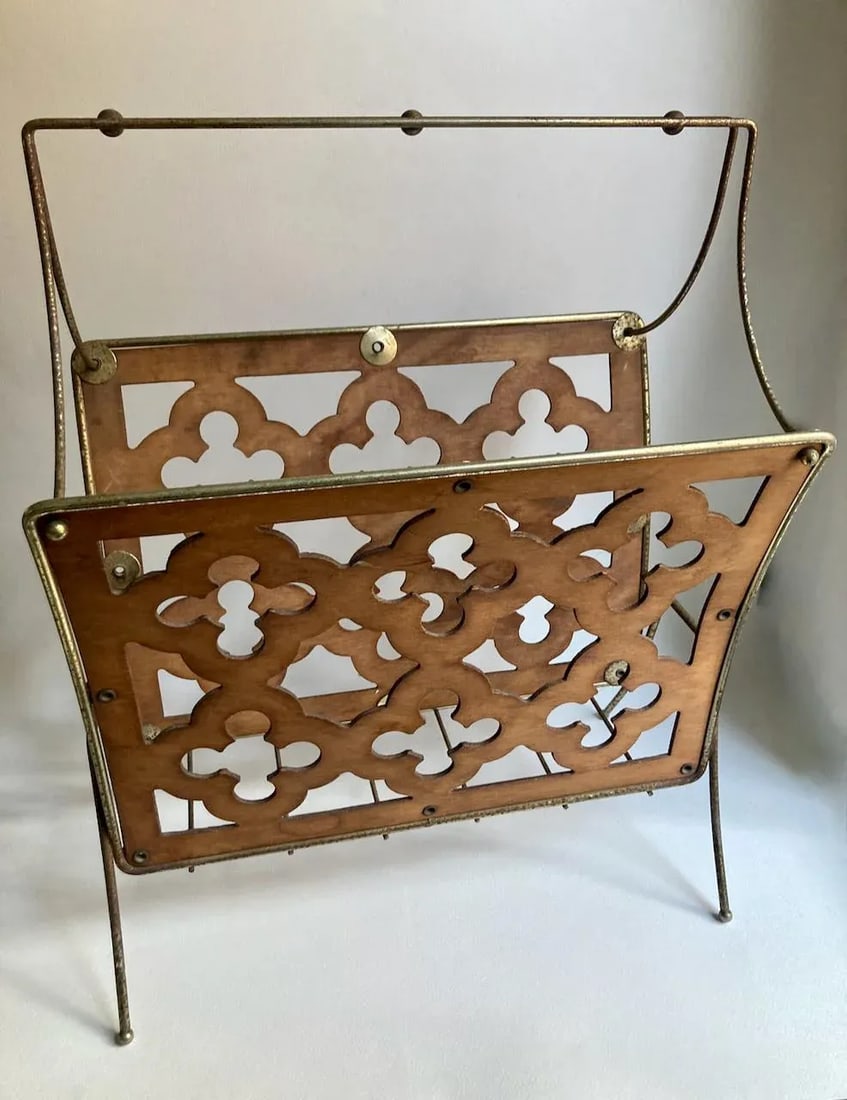 Mid Century Modern Quatrefoil Wood & Metal Magazine Rack - 2