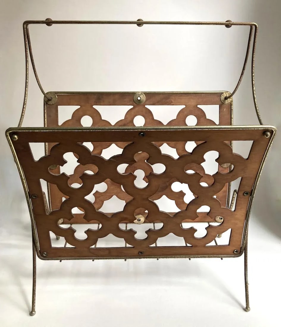 Mid Century Modern Quatrefoil Wood & Metal Magazine Rack - 3