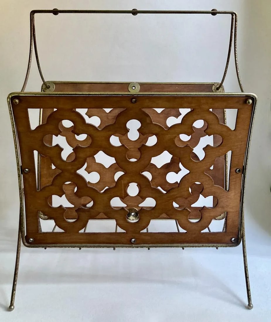 Mid Century Modern Quatrefoil Wood & Metal Magazine Rack - 4