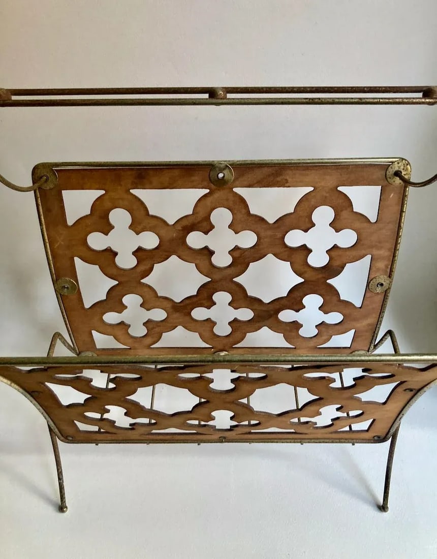 Mid Century Modern Quatrefoil Wood & Metal Magazine Rack - 5