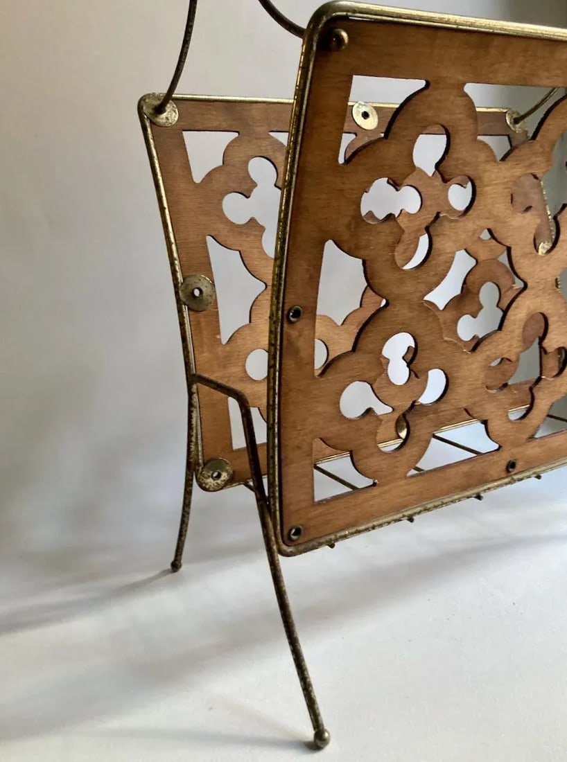 Mid Century Modern Quatrefoil Wood & Metal Magazine Rack - 6
